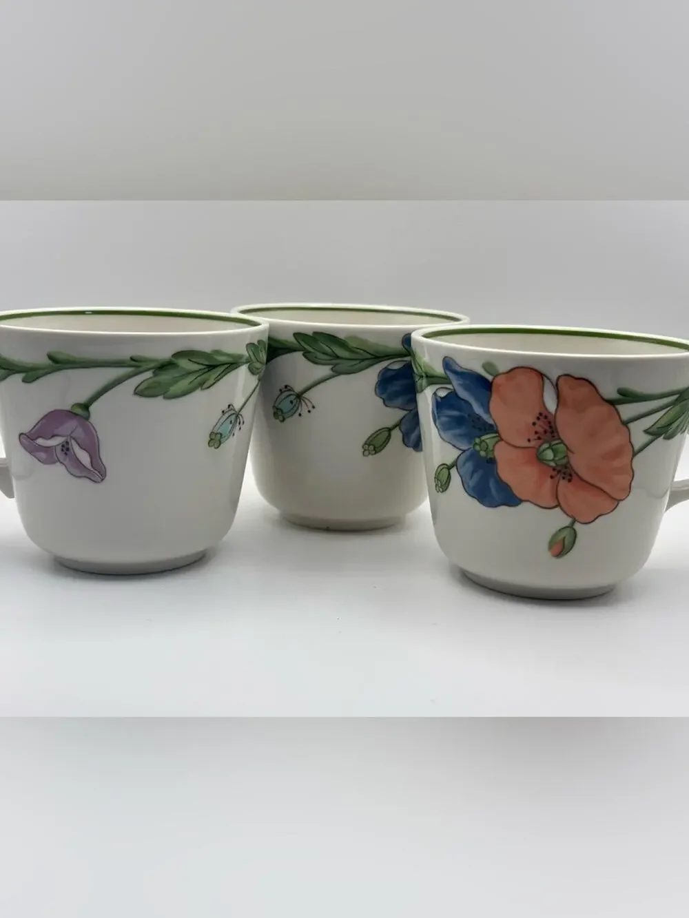Set of 3 Porcelain Amapola Coffee Cups from Villeroy & Boch, Poppy Flower Mugs